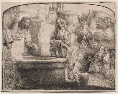 キリストとサマリアの女：アーチ型の版画、1657年から58年。 作： Rembrandt van Rijn