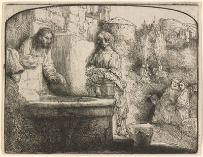 キリストとサマリアの女：アーチ型版画 作： Rembrandt van Rijn