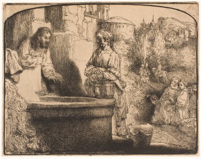 キリストとサマリアの女性：アーチ型の版画 作： Rembrandt van Rijn