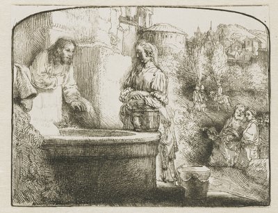 キリストとサマリアの女：アーチ型の版画 作： Rembrandt van Rijn