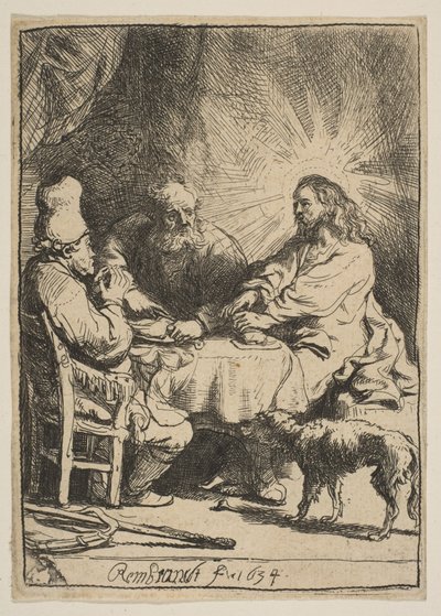 エマオのキリスト：小さい皿、1634年。 作： Rembrandt van Rijn