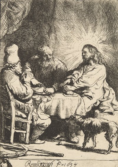 エマオのキリスト：小皿、1634年。 作： Rembrandt van Rijn