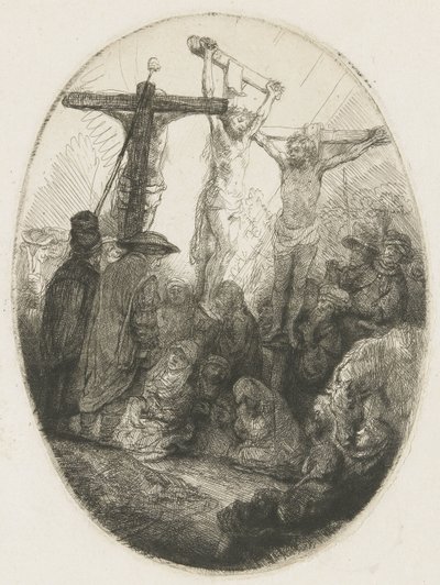2 人の泥棒の間で十字架につけられたキリスト: 楕円形の皿 作： Rembrandt van Rijn
