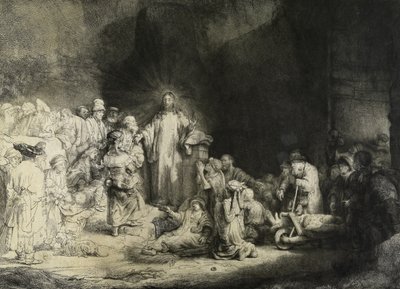 病人を癒すキリスト：「百ギルダーの版画」、c。 1649（エッチング、ドライポイント、および彫刻） 作： Rembrandt van Rijn