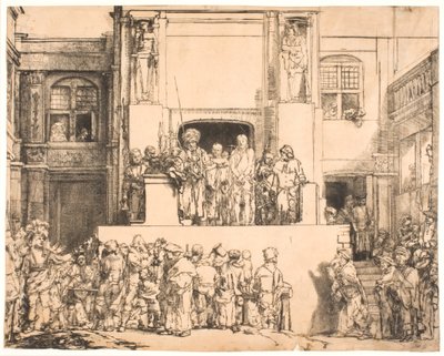 人々に差し出されたキリスト: 大きな長方形のプレート 作： Rembrandt van Rijn