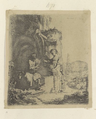 キリストとサマリヤの女: 背景の廃墟 Requeil de quatre-vingt-cinq estampes originales (シリーズタイトル) 作： Rembrandt van Rijn