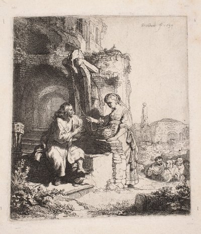 廃墟の中のキリストとサマリアの女（縦長の版画） 作： Rembrandt van Rijn