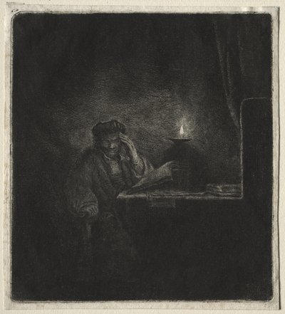 キャンドルライトによるテーブルでの学生のコピー 作： Rembrandt van Rijn