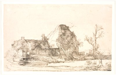 スケッチしている男性とコテージと農場の建物 作： Rembrandt van Rijn