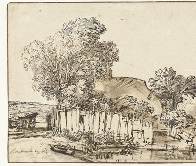 木々に囲まれた白い羽目板のあるコテージ 作： Rembrandt van Rijn