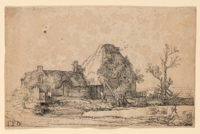 スケッチをしている男性とコテージと農場の建物 作： Rembrandt van Rijn
