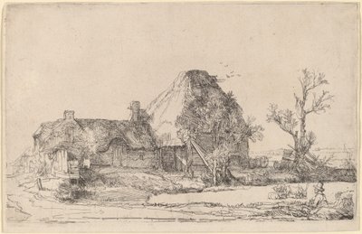 スケッチしている男のコテージと農場の建物 作： Rembrandt van Rijn