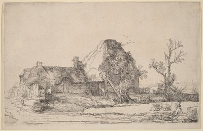 スケッチをする男性が描かれたコテージと農場の建物 作： Rembrandt van Rijn