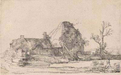 スケッチをしている男性がいるコテージと農場の建物、c。 1645年。 作： Rembrandt van Rijn