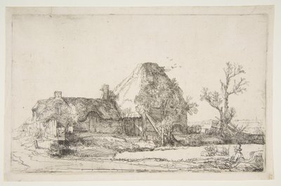 スケッチをしている男のコテージと農場の建物、カリフォルニア州。 1645年。 作： Rembrandt van Rijn