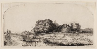 羊の群れがいるディーメルダイクのコテージと干し草の納屋 作： Rembrandt van Rijn
