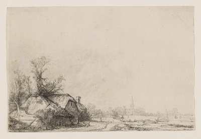運河沿いのコテージ、教会と帆船 作： Rembrandt van Rijn