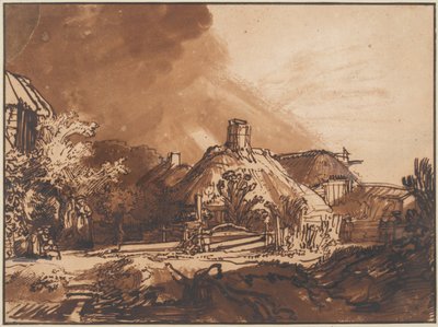 嵐の空の下のコテージc。 1640 作： Rembrandt van Rijn