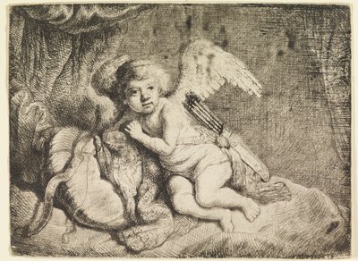 休むキューピッド、以前はレンブラント作とされていた絵にちなんで 作： Rembrandt van Rijn