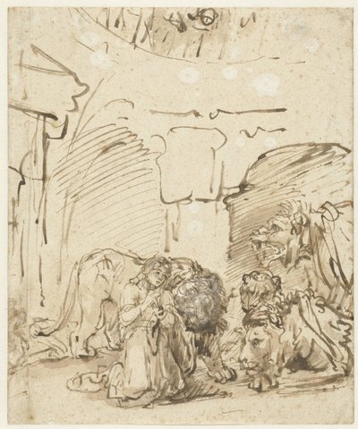 ライオンの穴の中のダニエル 作： Rembrandt van Rijn