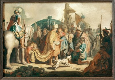 デイビッドはサウルの前でゴリアテの頭とひざまずきます 作： Rembrandt van Rijn