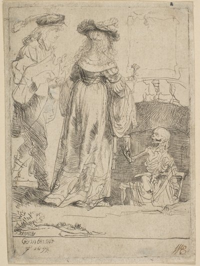 1639年、開かれた墓から夫婦に現れる死。 作： Rembrandt van Rijn