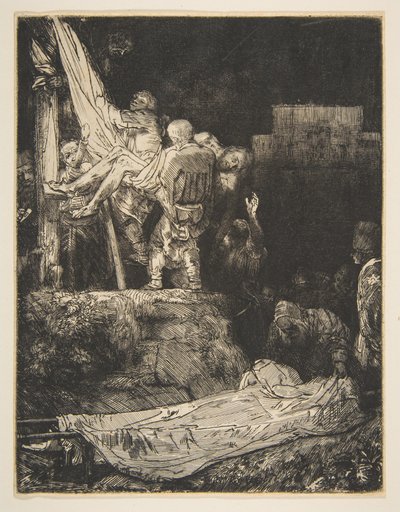 トーチライトによる十字架からの降下、1654年。 作： Rembrandt van Rijn