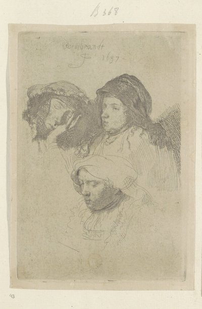 3 つの女性の頭、1 つの眠っている Requeil de quatre-vingt-cinq estampes originales (シリーズタイトル) 作： Rembrandt van Rijn