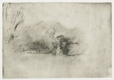 木々の間の農家 見晴らしの良い木立 作： Rembrandt van Rijn
