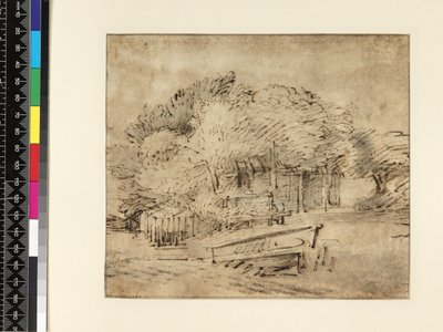木々の下の農家、歩道橋、1650年頃（ペンとインク、紙の上で洗う） 作： Rembrandt van Rijn