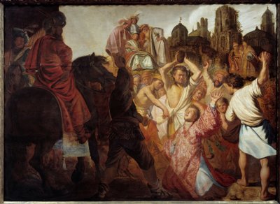 キリスト教初の殉教者。"聖ステファノの石打ち"ハーメンツ・ファン・レイン作画 レンブラント（1606-1669） 1625年 日0.89x1.23 m リヨン、ボザール美術館（Musee des Beaux Arts 作： Rembrandt van Rijn