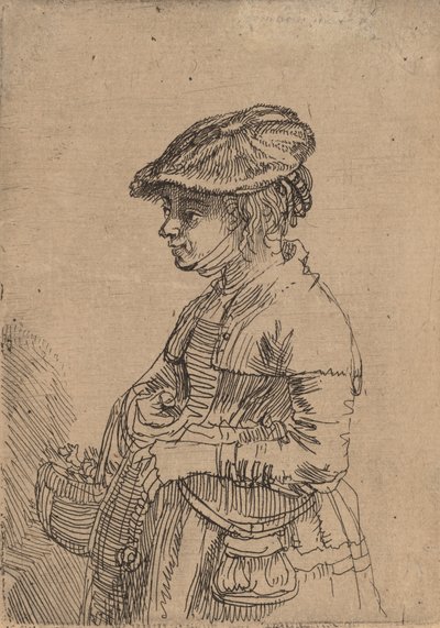バスケットを持つ少女、c。 1642年。 作： Rembrandt van Rijn