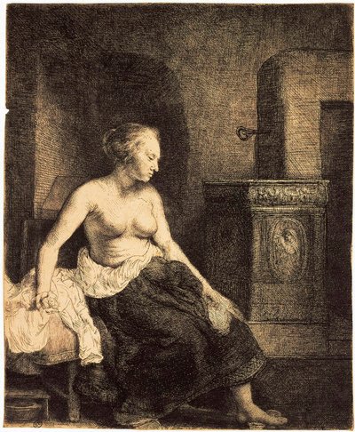 ストーブで半裸の女性、1658年。 作： Rembrandt van Rijn