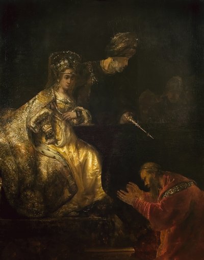 エステルに慈悲を乞うハマン、1660年代。 作： Rembrandt van Rijn