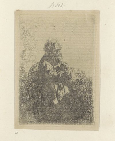 ひざまずいて祈り、下を向くヒエロニムス Requeil de quatre-vingt-cinq estampes originales (シリーズタイトル) 作： Rembrandt van Rijn