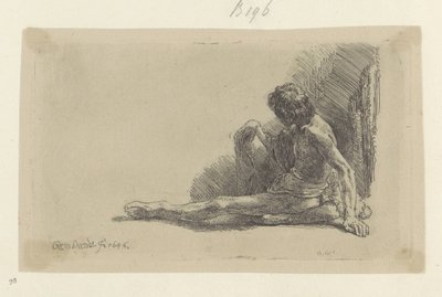 片足を伸ばして床に座っている若い男 Requeil de quatre-vingt-cinq estampes originales (シリーズタイトル) 作： Rembrandt van Rijn