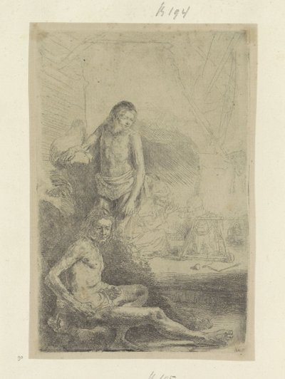 若い男, 座っている, そして, 立っている Requeil de quatre-vingt-cinq estampes originales (シリーズタイトル) 作： Rembrandt van Rijn