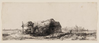 コテージと干し草の納屋のある風景: 横長 作： Rembrandt van Rijn