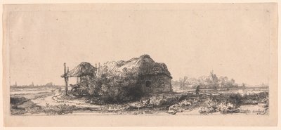 コテージと干し草の納屋のある風景: 横長 作： Rembrandt van Rijn