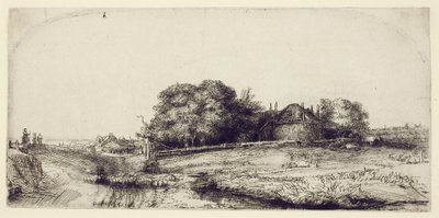 ヘイバーンと羊の群れのいる風景、1652年頃（紙にドライポイントとドライポイントをエッチング） 作： Rembrandt van Rijn
