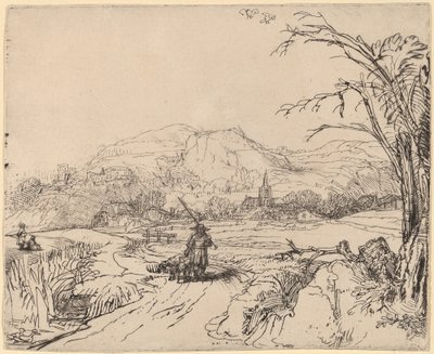 スポーツマンと犬のいる風景 作： Rembrandt van Rijn