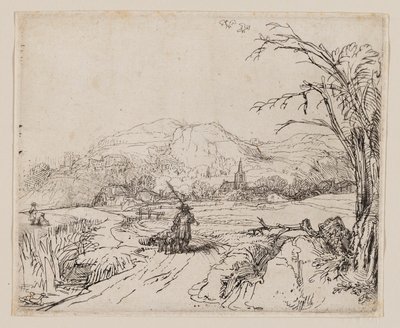 スポーツマンと犬のいる風景 作： Rembrandt van Rijn