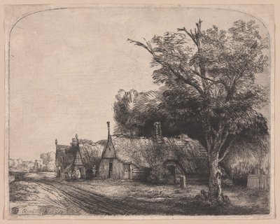 道路の横にある 3 つの切妻小屋のある風景 作： Rembrandt van Rijn
