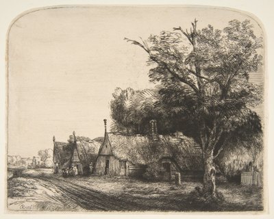 道路の横にある3つの切妻コテージのある風景、1650年。 作： Rembrandt van Rijn