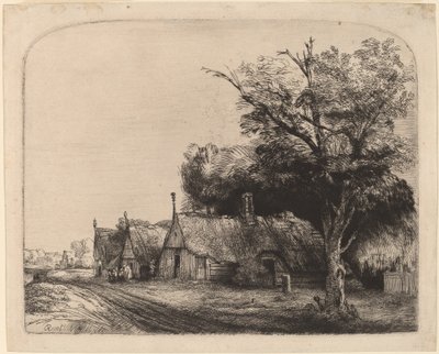 道路の横にある 3 つの切妻コテージのある風景 作： Rembrandt van Rijn