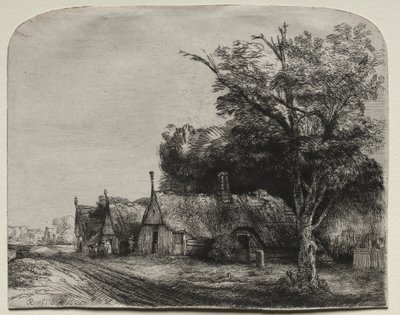 道路の横にある 3 つの切妻コテージのある風景 作： Rembrandt van Rijn