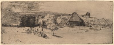 木、農場の建物、塔のある風景 作： Rembrandt van Rijn