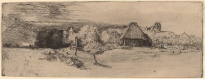 木、農場の建物、塔のある風景 作： Rembrandt van Rijn