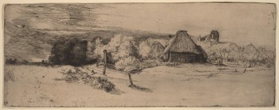 木々、農場の建物、そして塔のある風景 作： Rembrandt van Rijn