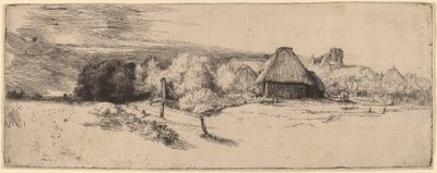 木、農場の建物、塔のある風景、c。 1651年。 作： Rembrandt van Rijn